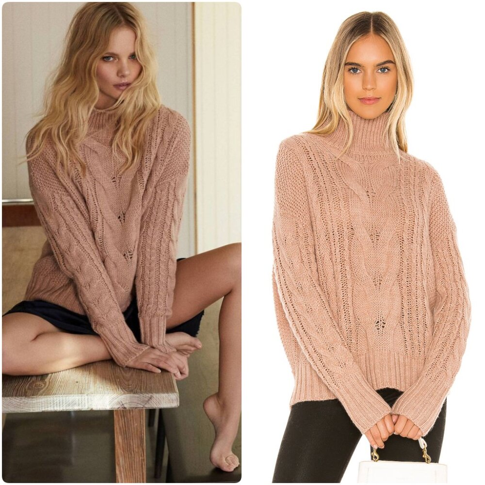 NWT 360 SWEATER Alexia Cable Knit Alpaca Wool Blend Turtleneck Sweater in Honey